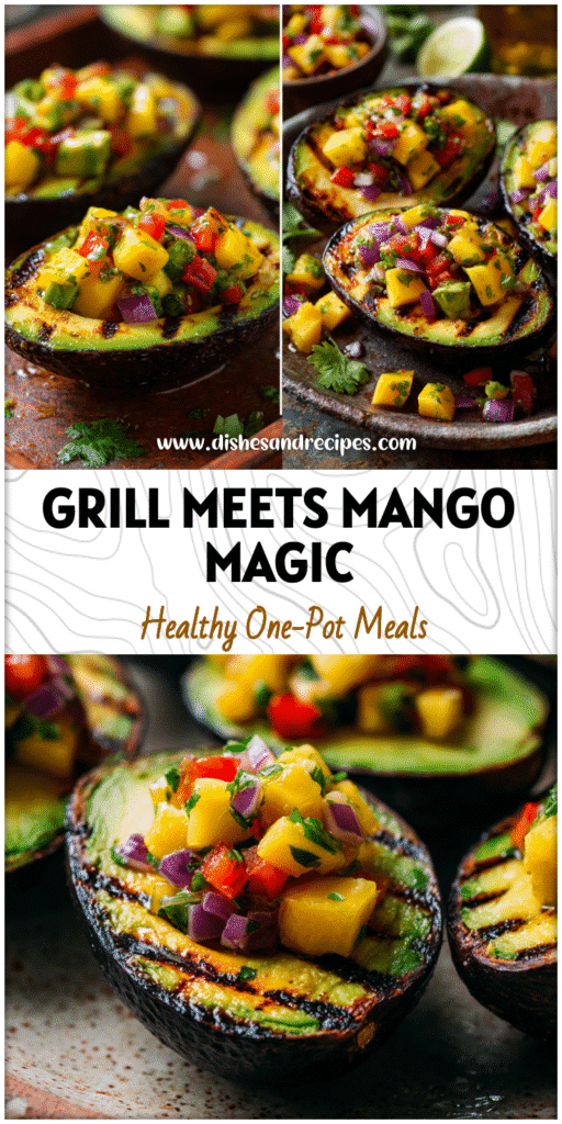 Grilled avocado halves topped with bright mango salsa on a rustic plate.